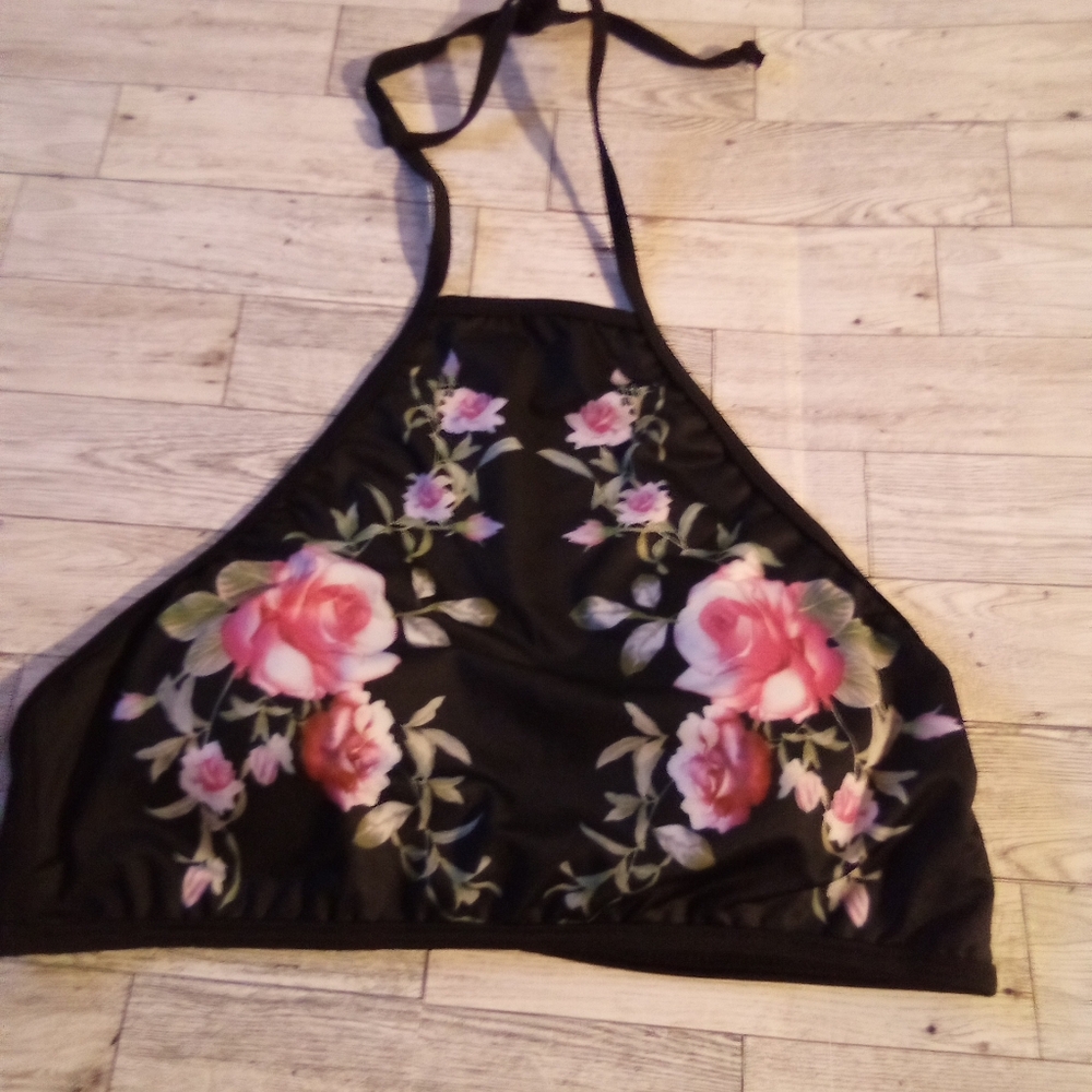 Black floral bathing suit top